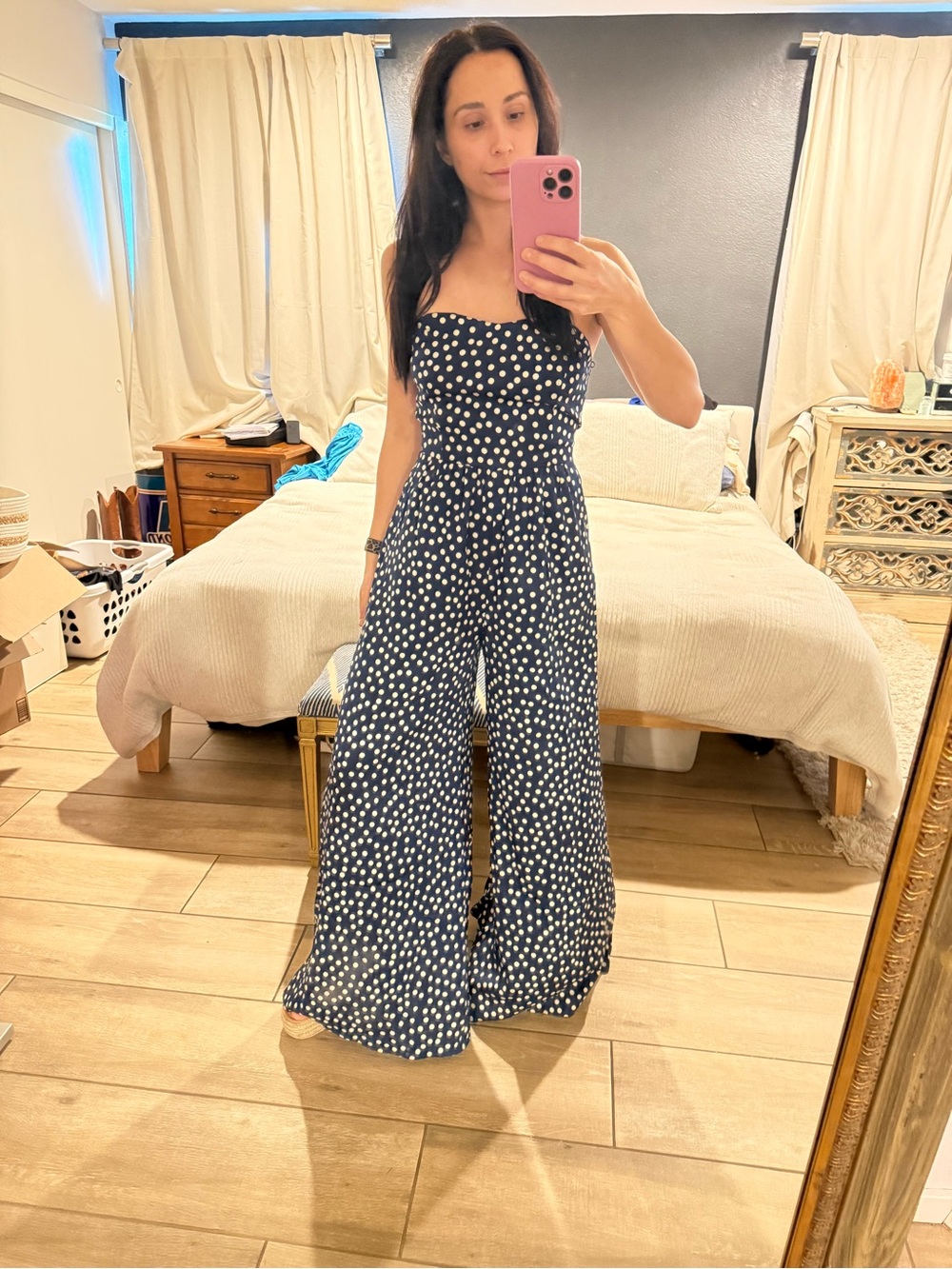 Strapless Navy & Cream Polka Dot Jumpsuit